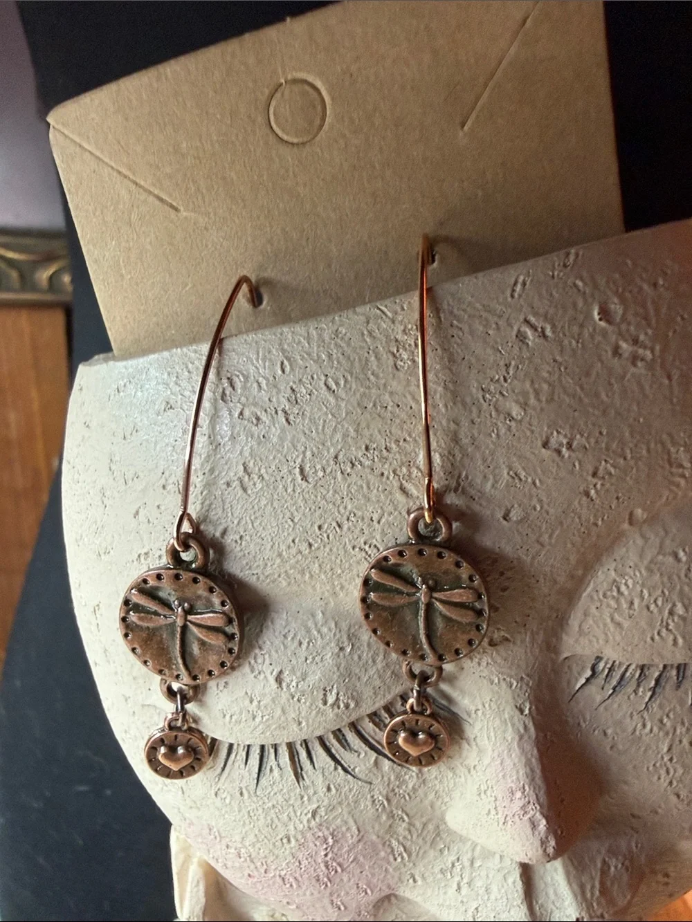 Delicate Dragonfly Drop Earrings in Antique Copper